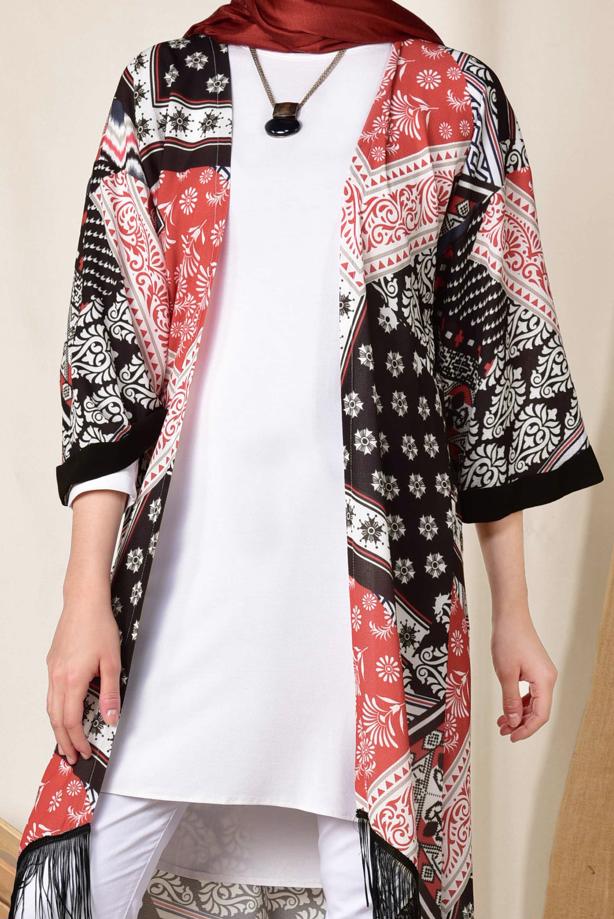 Vêtements hijab ROUGE KIMONO A FRANGES A MOTIF ALVİNA 4936 - TRENDTESETTÜR