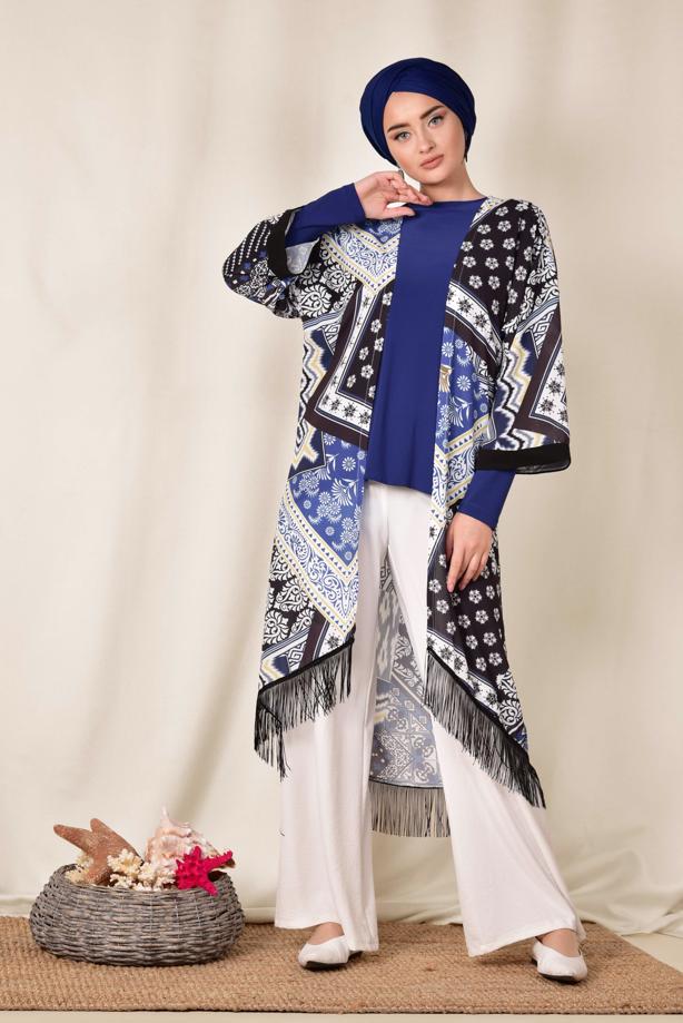 Vêtements hijab BLEU MARINE KIMONO A FRANGES A MOTIF ALVİNA 4936 - TRENDTESETTÜR