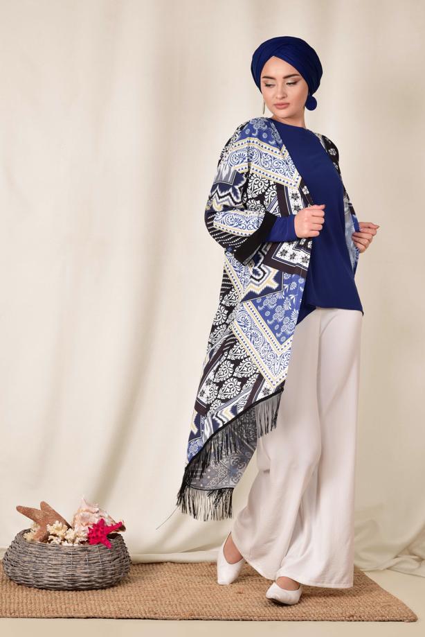 Vêtements hijab BLEU MARINE KIMONO A FRANGES A MOTIF ALVİNA 4936 - TRENDTESETTÜR