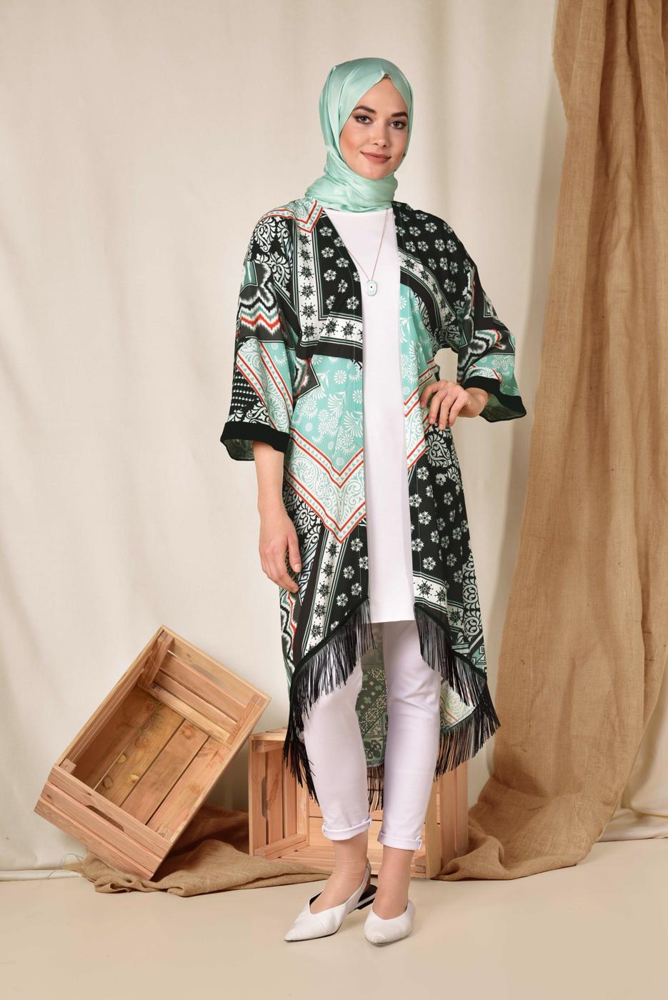 Hijab clothing GREEN ALVİNA PATTERNED FRINGED KIMONO 4936 