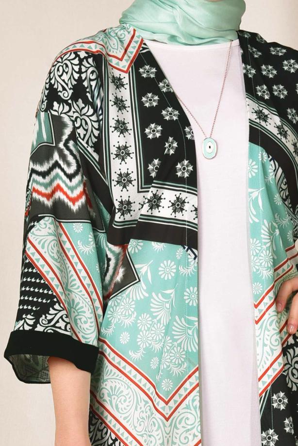 Vêtements hijab VERT KIMONO A FRANGES A MOTIF ALVİNA 4936 - TRENDTESETTÜR
