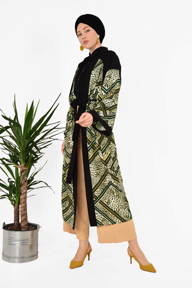 Vêtements hijab KAKI ALVİNA MOTIF LÉOPARD KIMONO 4963 - TRENDTESETTÜR