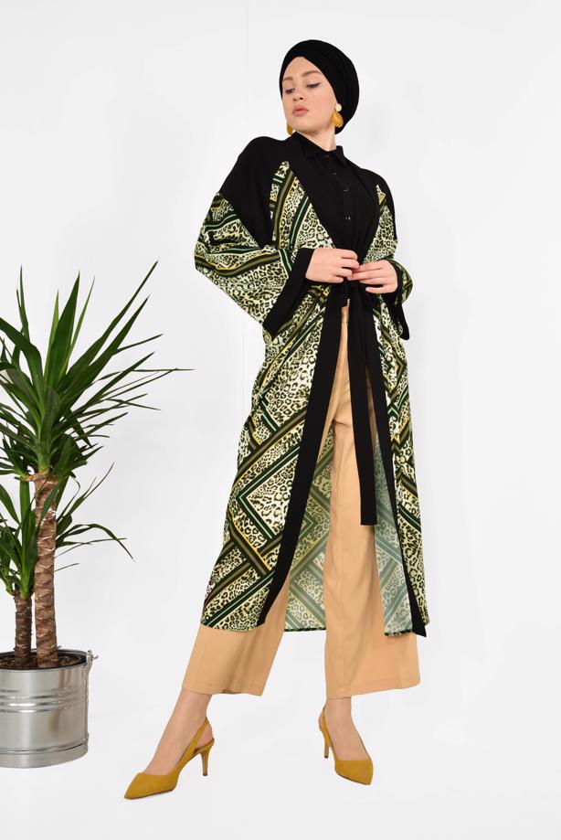 Vêtements hijab KAKI ALVİNA MOTIF LÉOPARD KIMONO 4963 - TRENDTESETTÜR