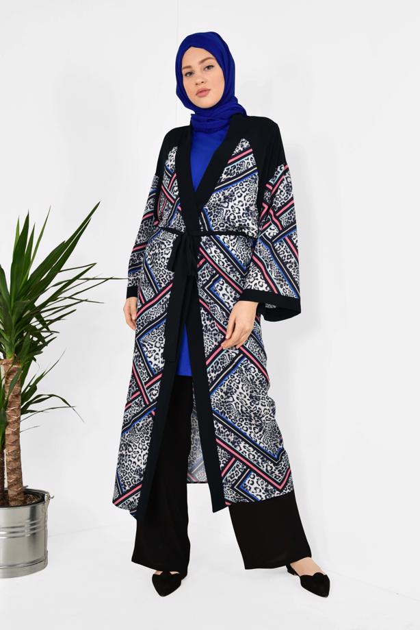 Tesettür giyim GRİ ALVİNA LEOPAR DESENLİ KİMONO 4963  - TRENDTESETTÜR