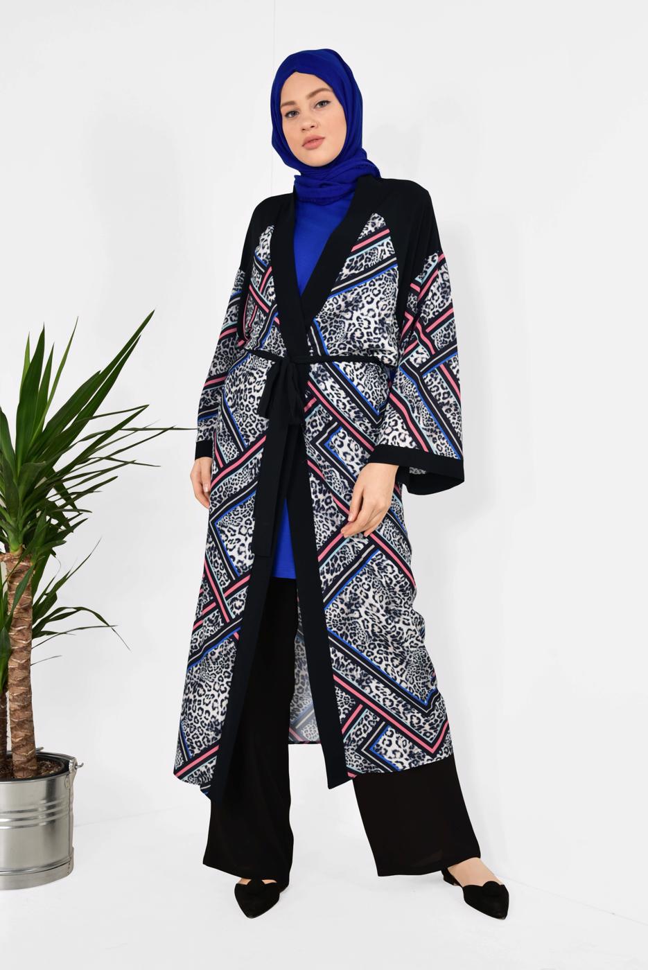 Tesettür giyim GRİ ALVİNA LEOPAR DESENLİ KİMONO 4963 