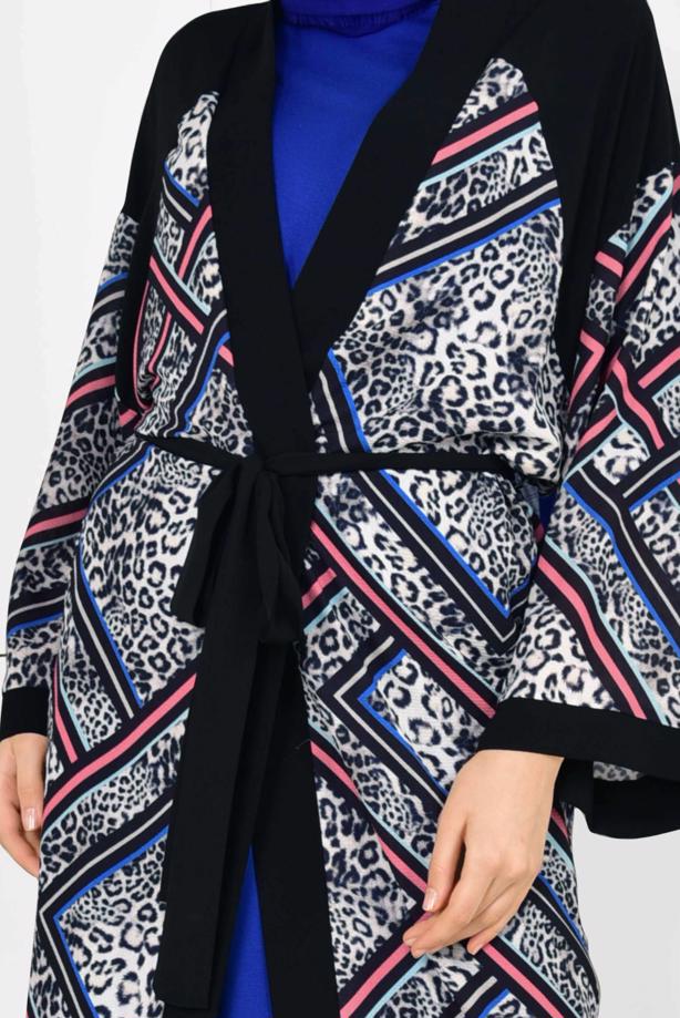 Vêtements hijab GRIS ALVİNA MOTIF LÉOPARD KIMONO 4963 - TRENDTESETTÜR