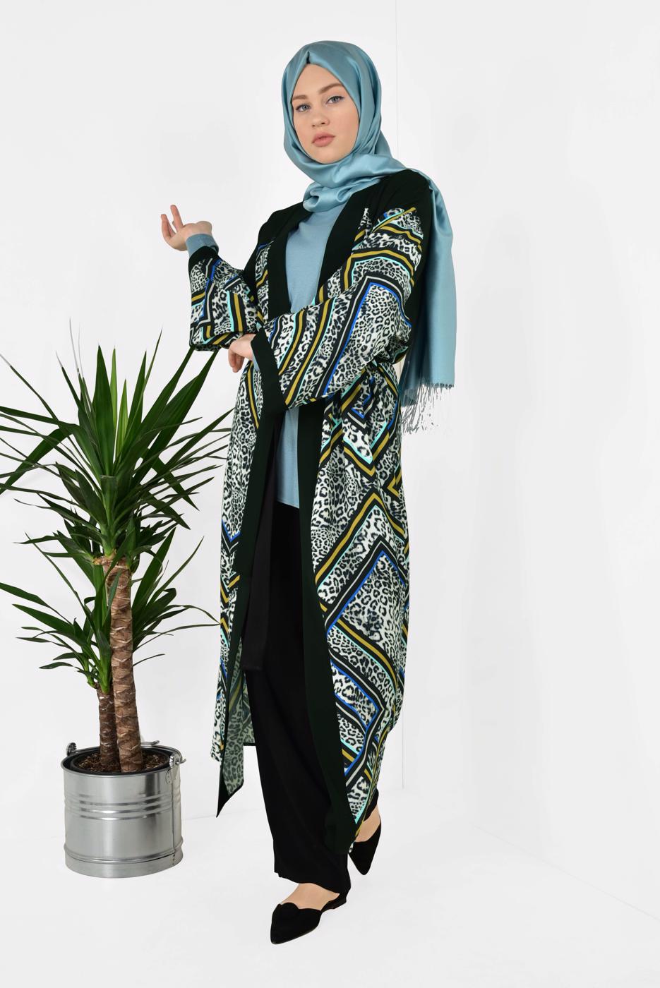 Vêtements hijab GRIS ALVİNA MOTIF LÉOPARD KIMONO 4963