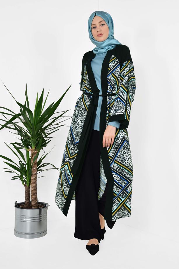 Tesettür giyim GRİ ALVİNA LEOPAR DESENLİ KİMONO 4963  - TRENDTESETTÜR