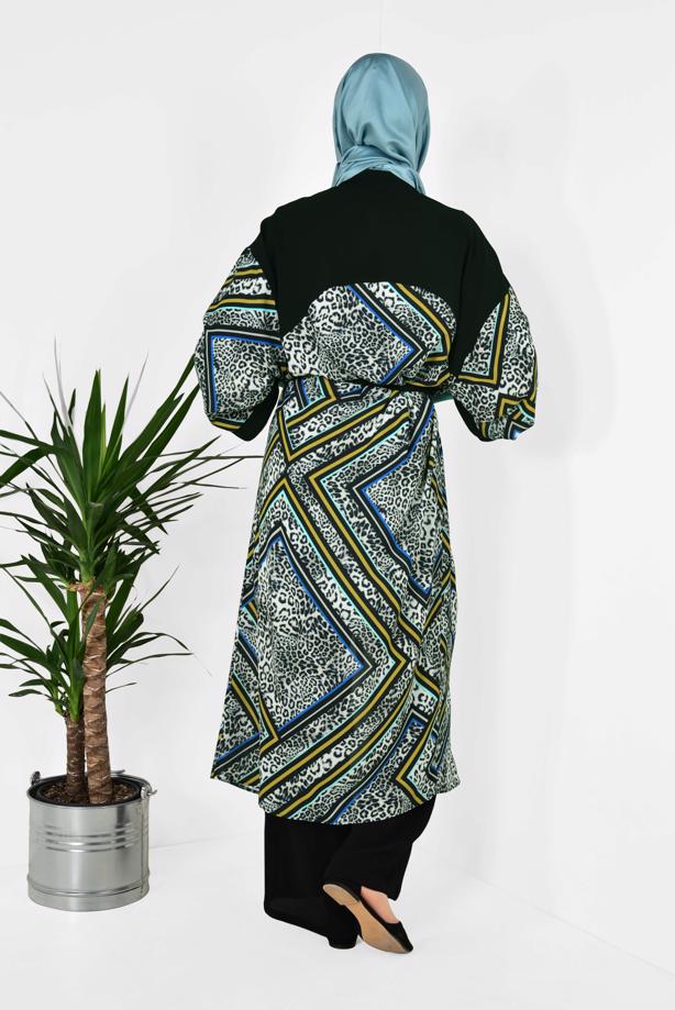 Tesettür giyim GRİ ALVİNA LEOPAR DESENLİ KİMONO 4963  - TRENDTESETTÜR