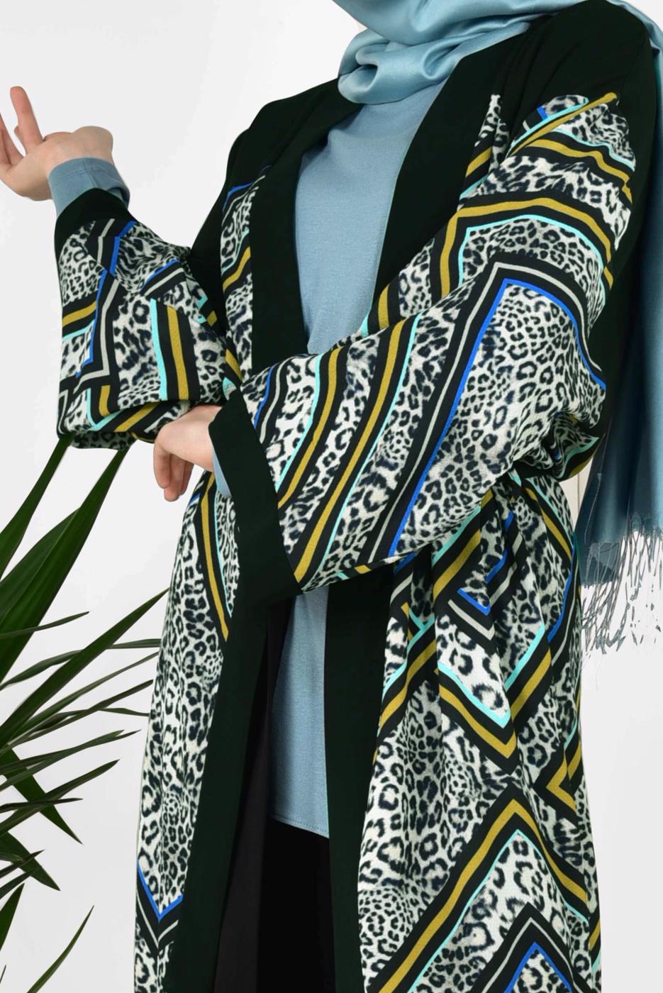 Vêtements hijab GRIS ALVİNA MOTIF LÉOPARD KIMONO 4963