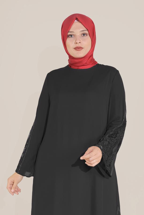 Vêtements hijab NOIR ALVİNA ROBE GUIPURE DÉTAILS GEM 20031 - TRENDTESETTÜR