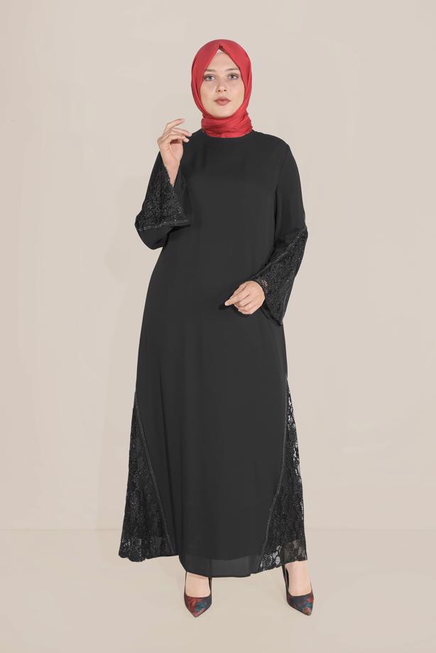 Vêtements hijab NOIR ALVİNA ROBE GUIPURE DÉTAILS GEM 20031 - TRENDTESETTÜR