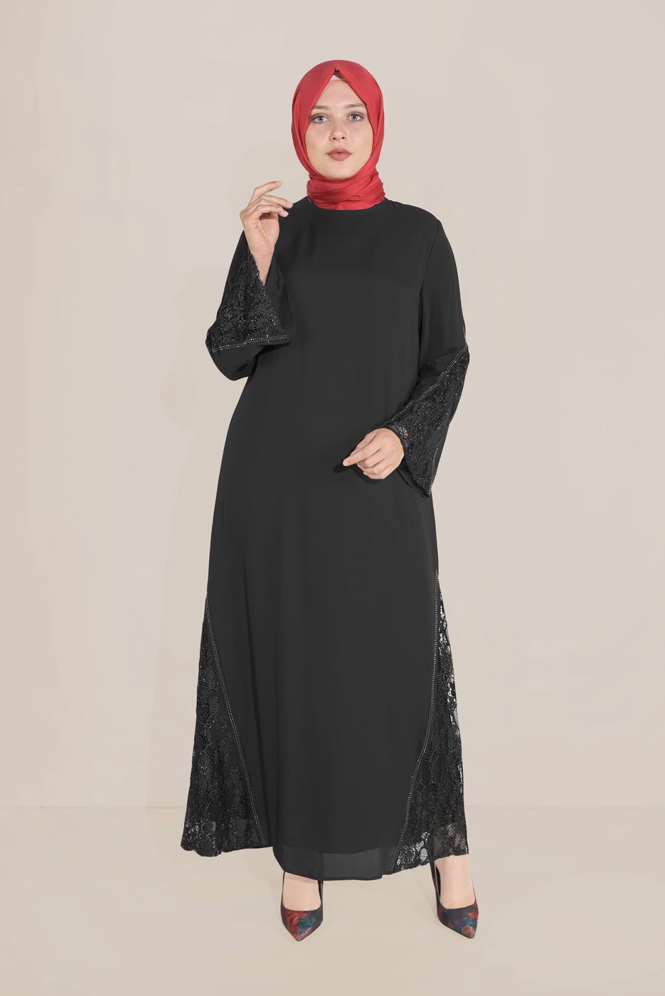 Vêtements hijab NOIR ALVİNA ROBE GUIPURE DÉTAILS GEM 20031