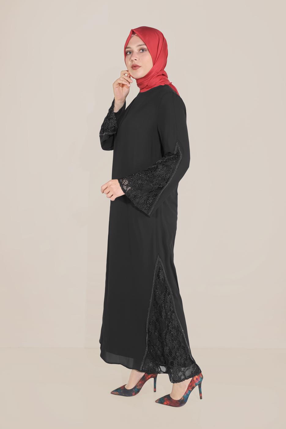 Vêtements hijab NOIR ALVİNA ROBE GUIPURE DÉTAILS GEM 20031
