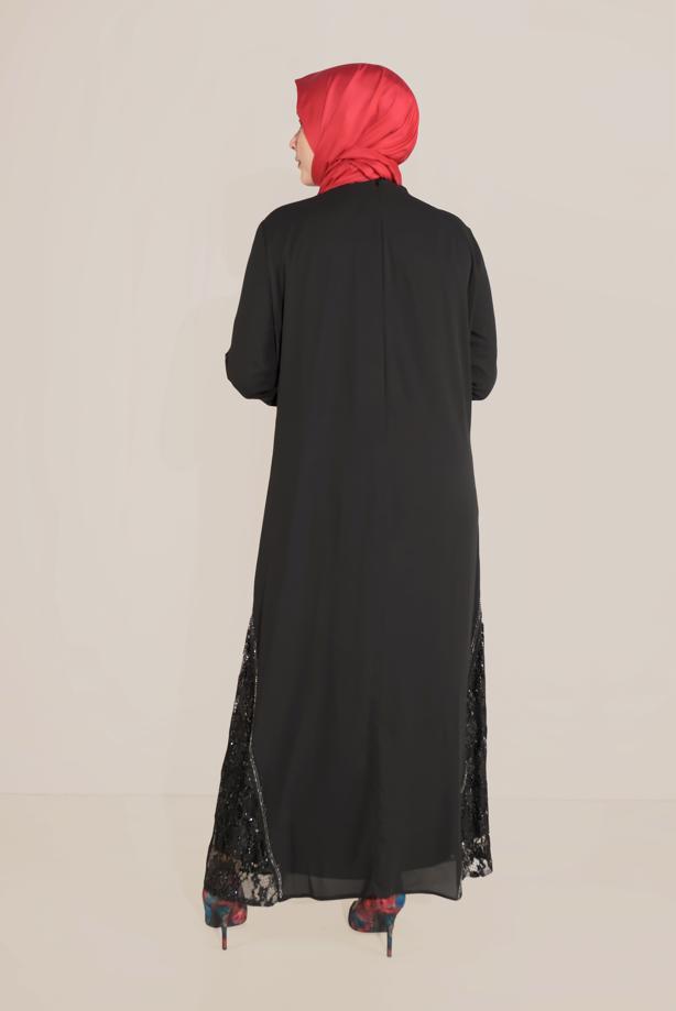 Vêtements hijab NOIR ALVİNA ROBE GUIPURE DÉTAILS GEM 20031 - TRENDTESETTÜR