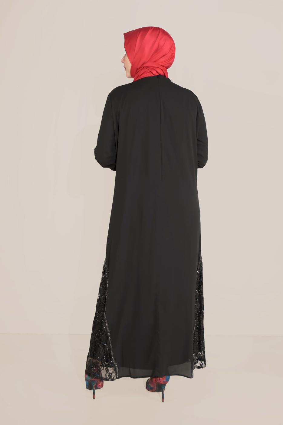 Vêtements hijab NOIR ALVİNA ROBE GUIPURE DÉTAILS GEM 20031