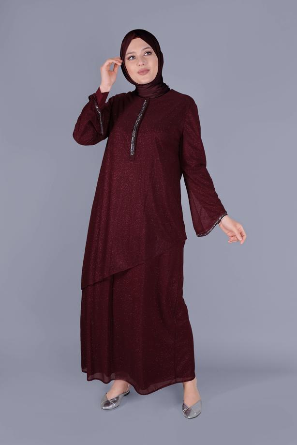Vêtements hijab ROUGE BORDEAUX ROBE ARGENTÉE ALVİNA GEM DETAIL 20057 - TRENDTESETTÜR