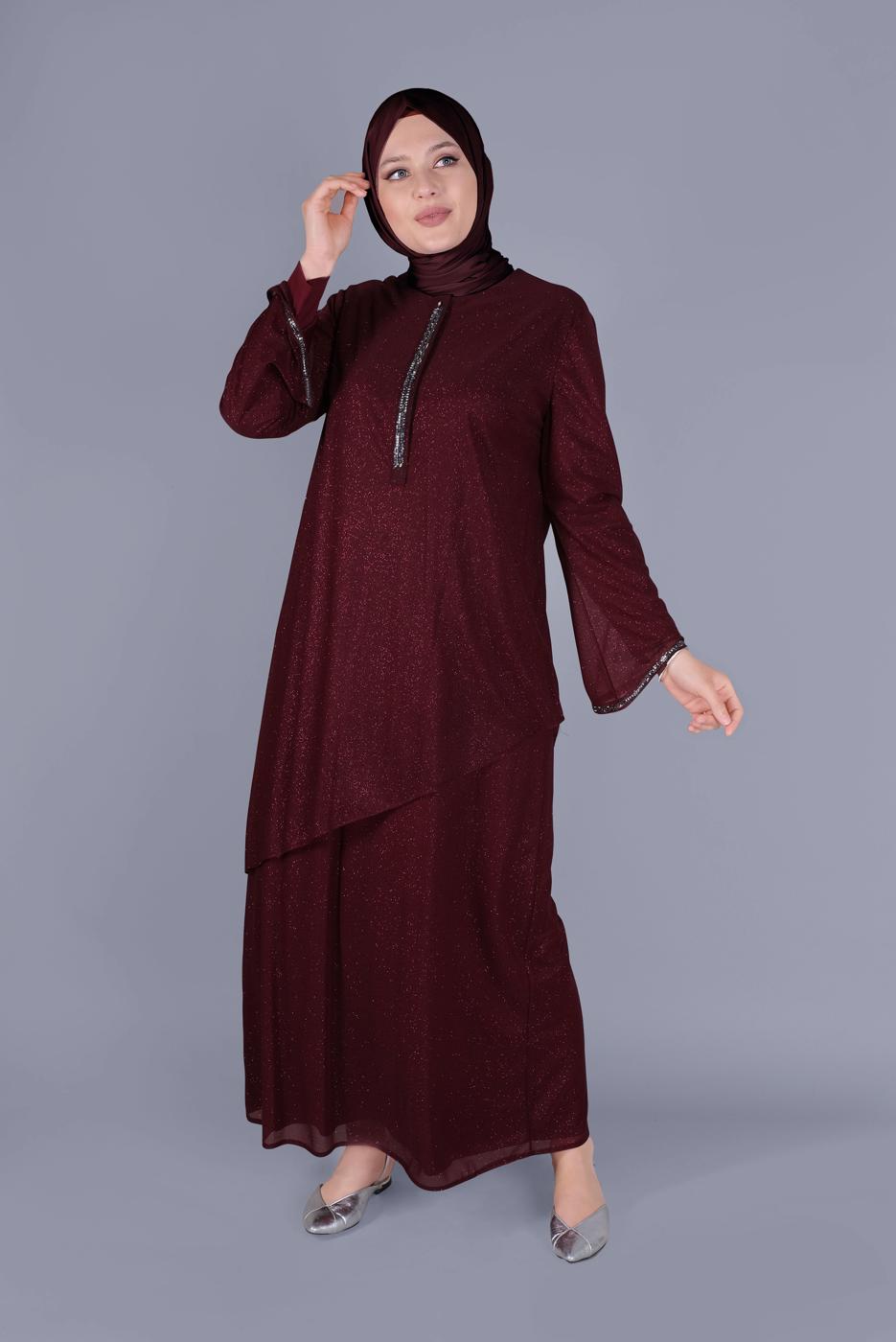 Hijab clothing CLARET RED ALVİNA GEM DETAIL SILVERY DRESS 20057 