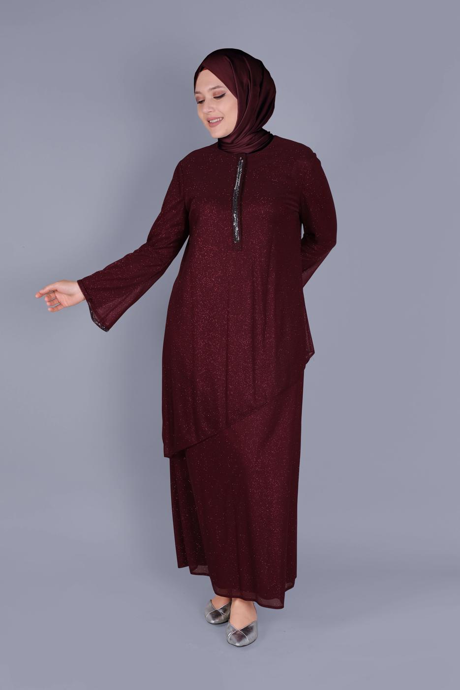 Hijab clothing CLARET RED ALVİNA GEM DETAIL SILVERY DRESS 20057 