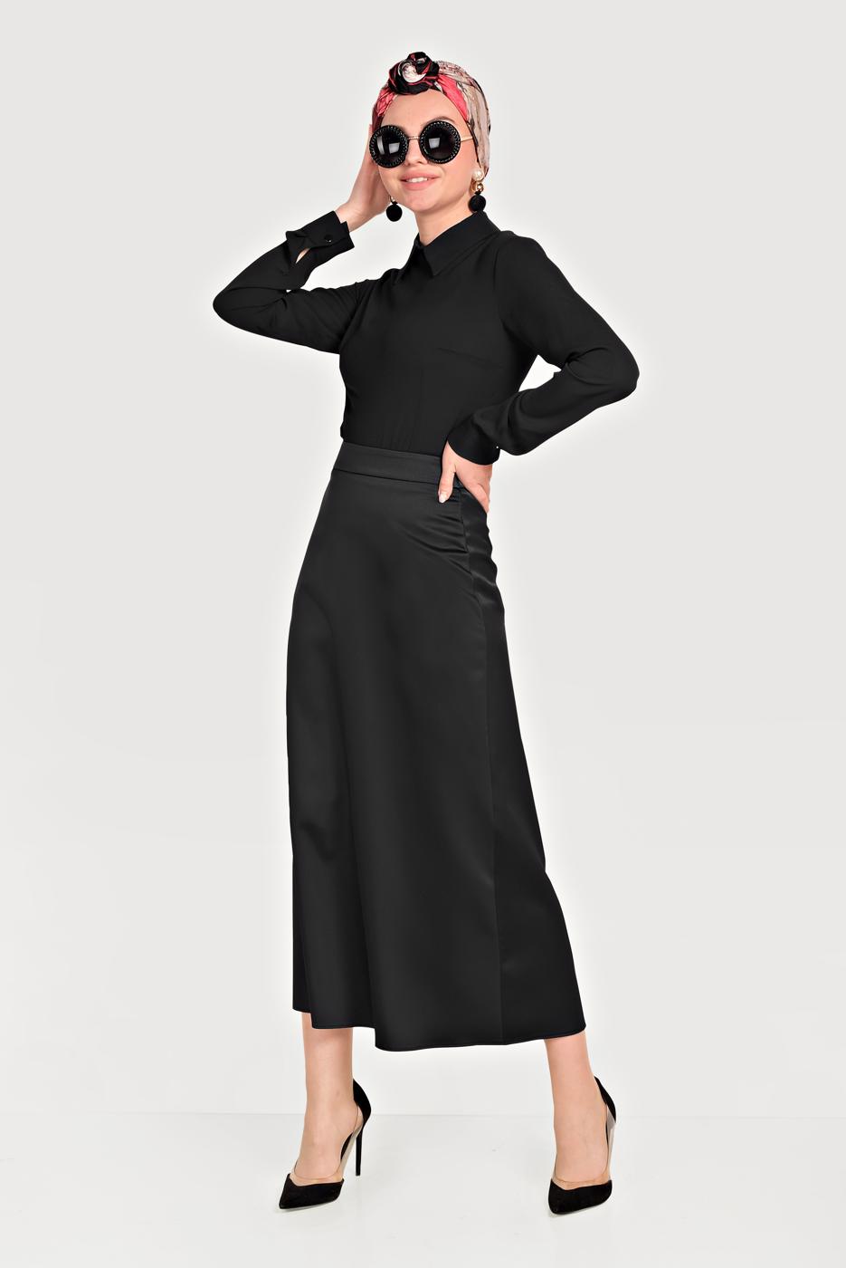 Tesettür giyim SİYAH ALVİNA YÜKSEK BEL SATEN ETEK 60062 