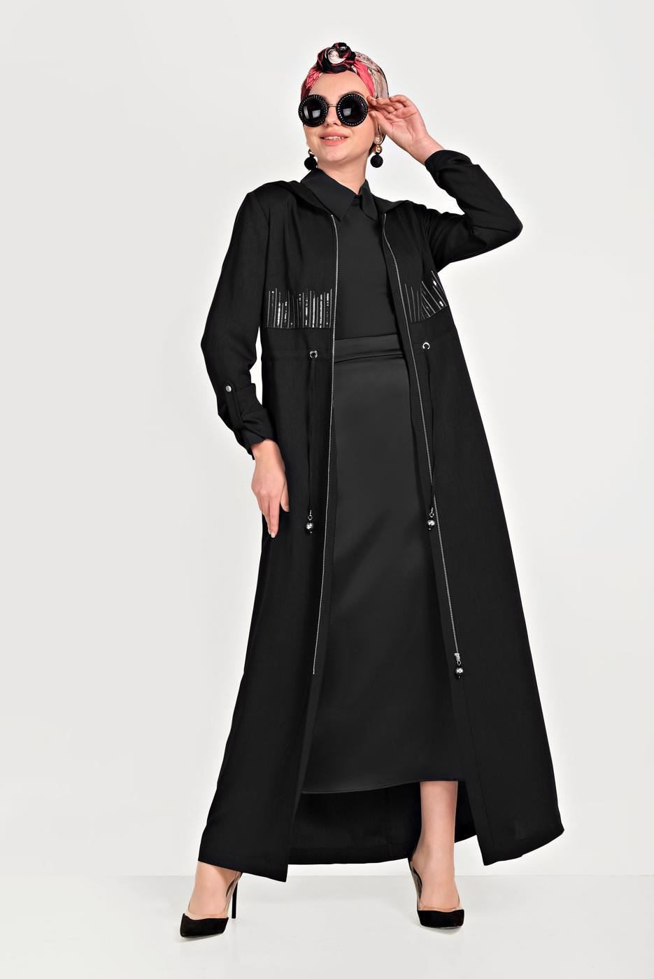 Tesettür giyim SİYAH ALVİNA YÜKSEK BEL SATEN ETEK 60062 