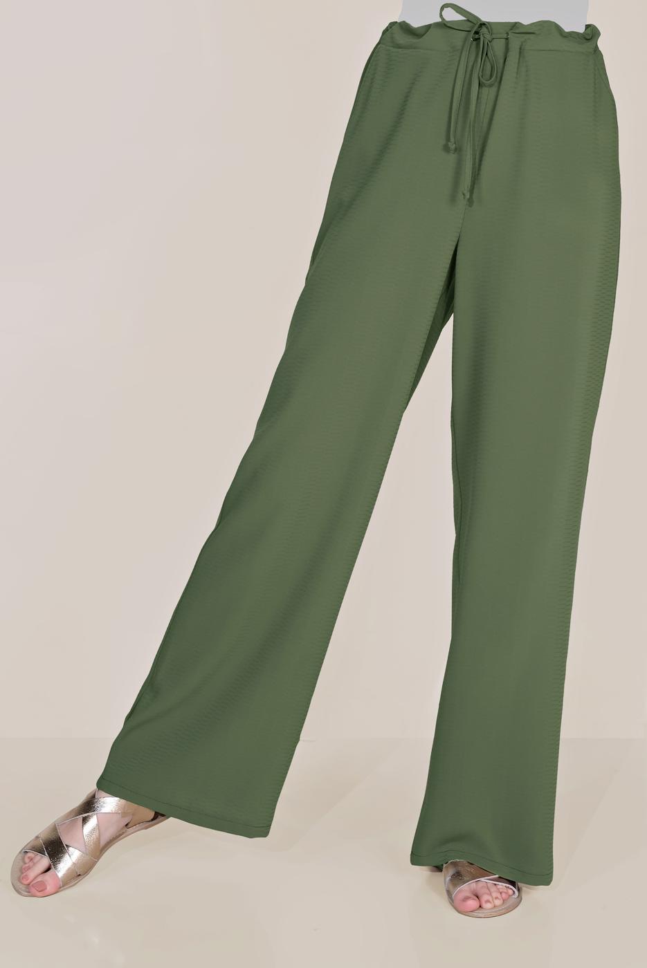 Tesettür giyim HAKİ ALVİNA BELİ BAĞCIKLI SALAŞ PANTOLON 70088 