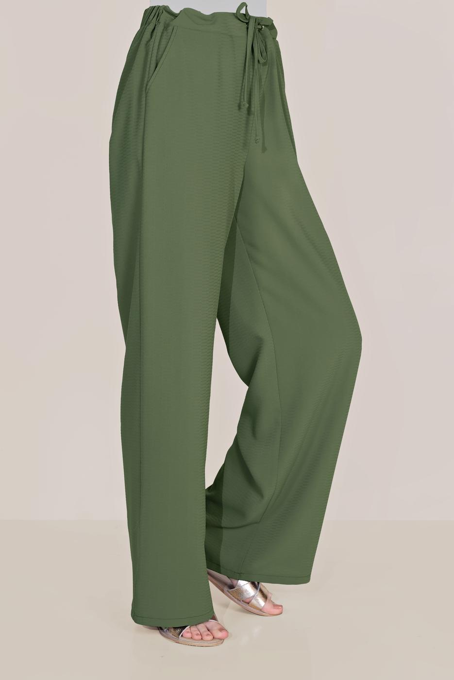 Tesettür giyim HAKİ ALVİNA BELİ BAĞCIKLI SALAŞ PANTOLON 70088 