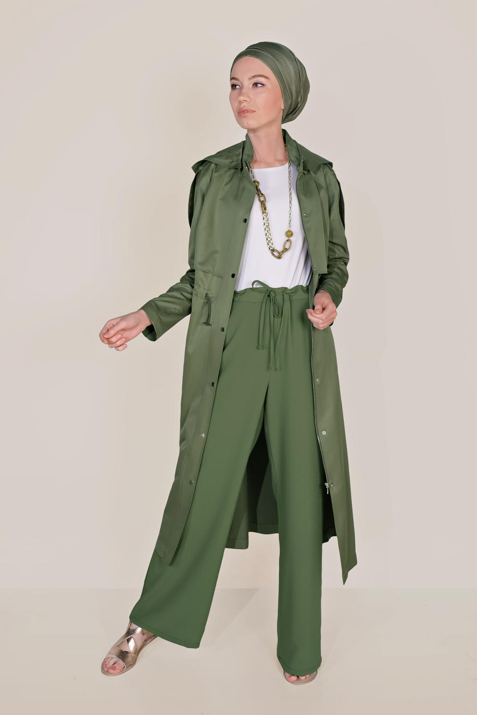 Tesettür giyim HAKİ ALVİNA BELİ BAĞCIKLI SALAŞ PANTOLON 70088 