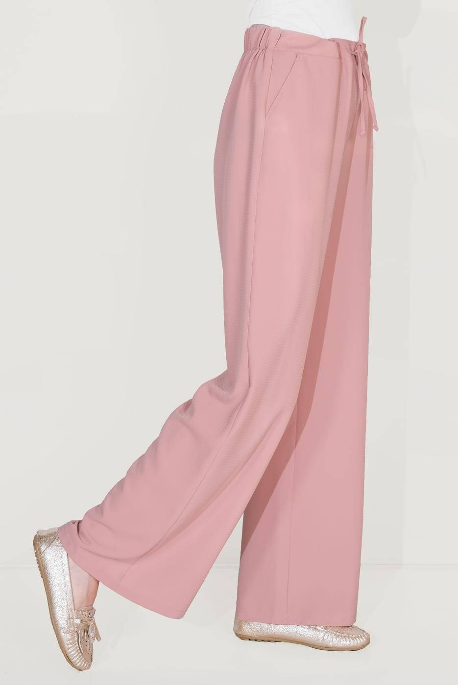 Tesettür giyim PUDRA ALVİNA BELİ BAĞCIKLI SALAŞ PANTOLON 70088 