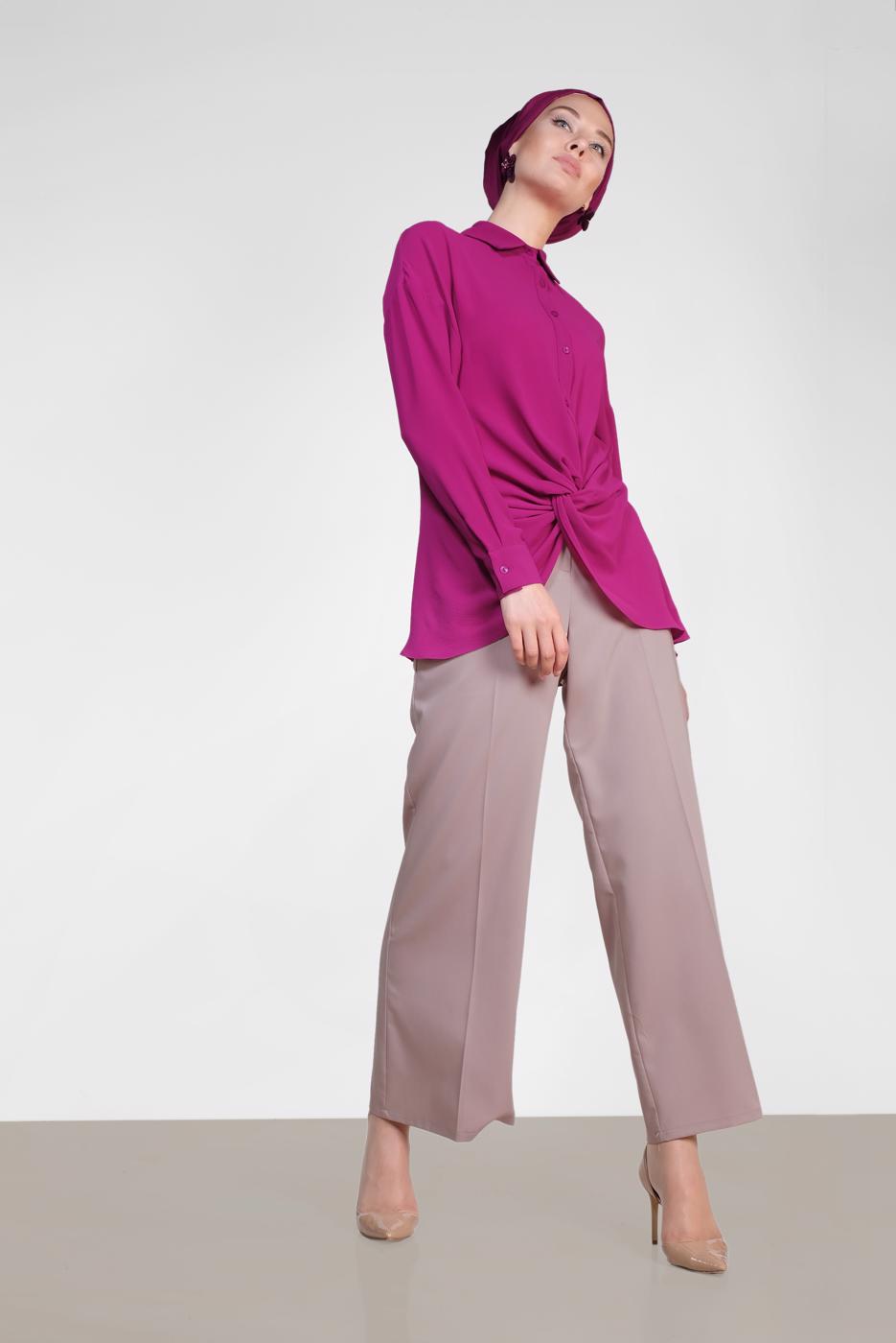 Tesettür giyim KAHVE ALVİNA ARA BEL GENİŞ PAÇA PANTOLON 7545 