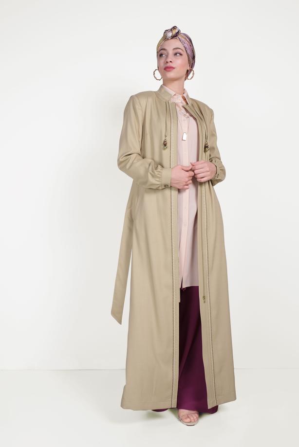 Hijab clothing BEIGE ALVİNA EMBROIDERY DETAIL TOPCOAT 10180  - TRENDTESETTÜR