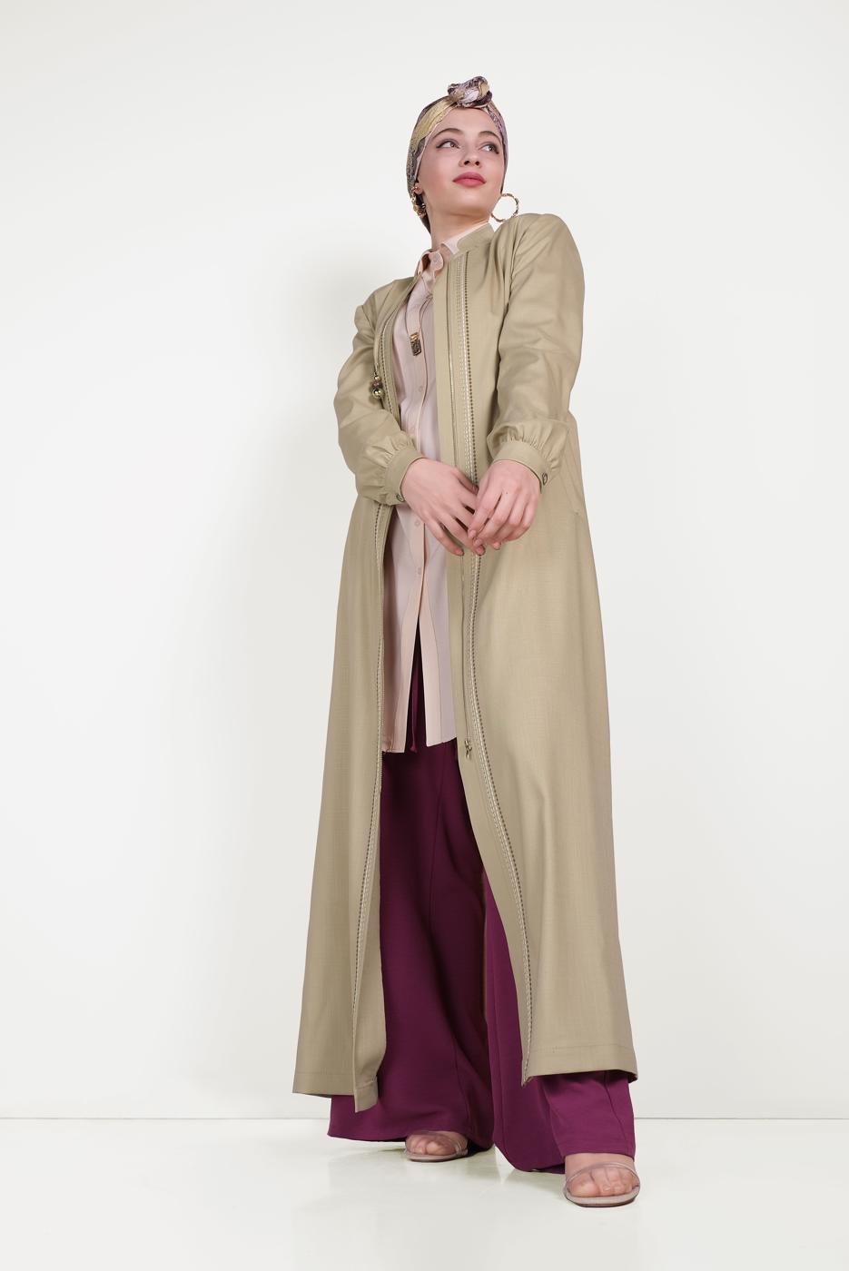 Hijab clothing BEIGE ALVİNA EMBROIDERY DETAIL TOPCOAT 10180