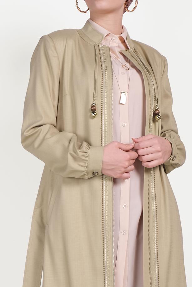 Hijab clothing BEIGE ALVİNA EMBROIDERY DETAIL TOPCOAT 10180  - TRENDTESETTÜR