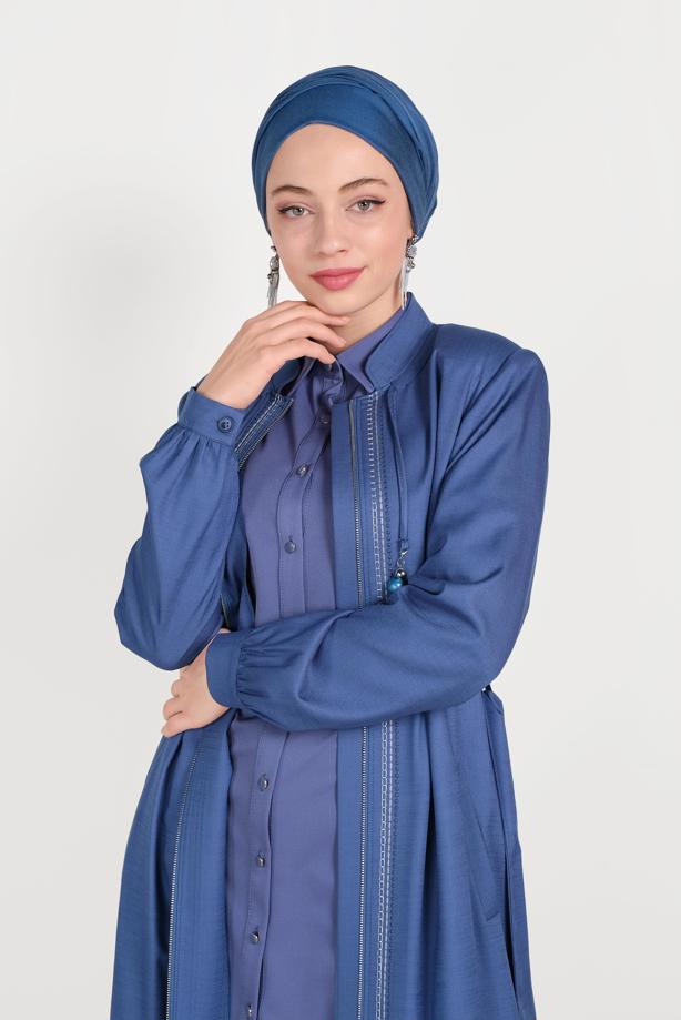Hijab clothing NAVY BLUE ALVİNA EMBROIDERY DETAIL TOPCOAT 10180  - TRENDTESETTÜR