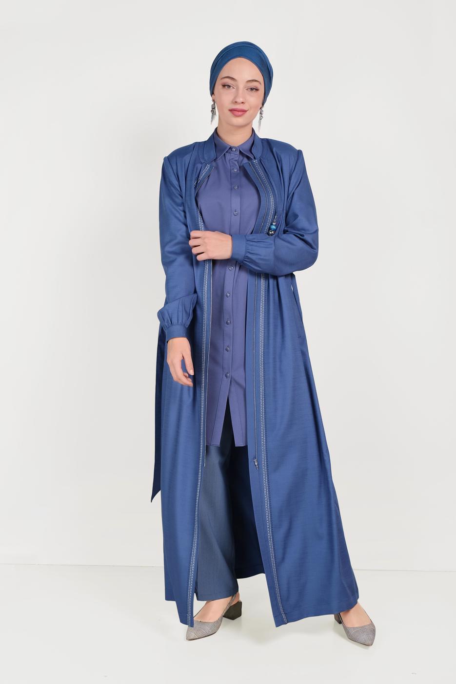 Hijab clothing NAVY BLUE ALVİNA EMBROIDERY DETAIL TOPCOAT 10180 