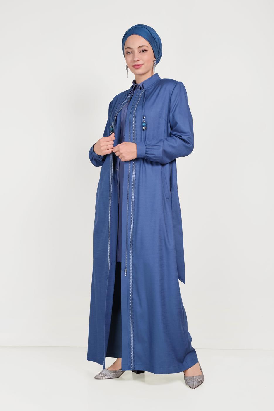 Hijab clothing NAVY BLUE ALVİNA EMBROIDERY DETAIL TOPCOAT 10180 