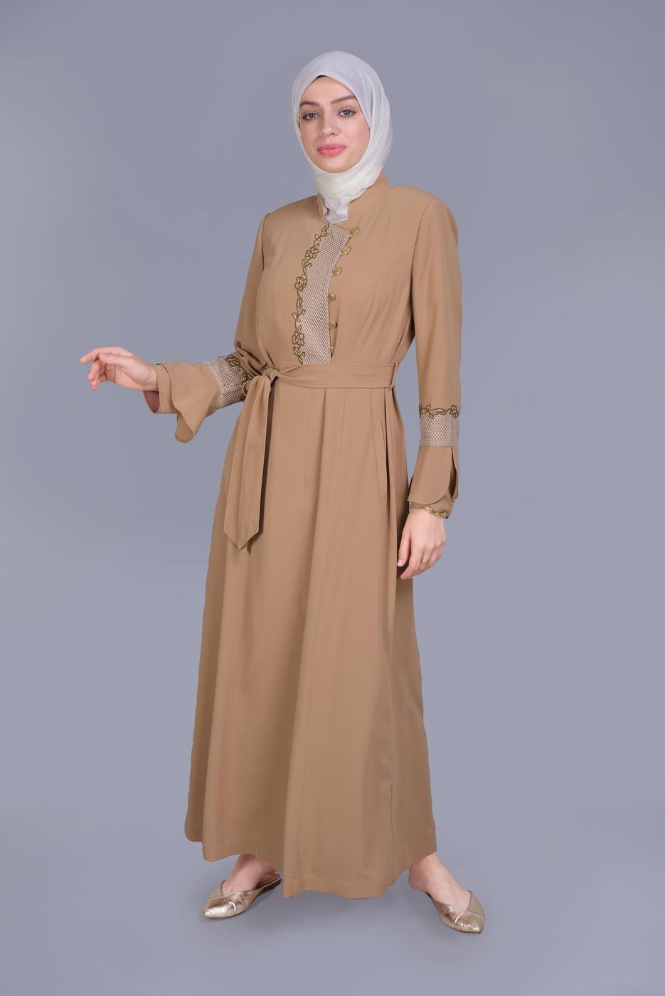 Vêtements hijab BRUN ALVİNA BRODÉ CEINTURE PARDESSUS 10199