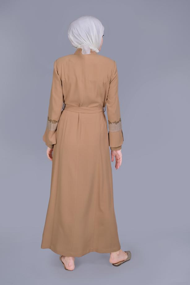Hijab clothing BROWN ALVİNA EMBROIDERED BELTED TOPCOAT 10199 - TRENDTESETTÜR