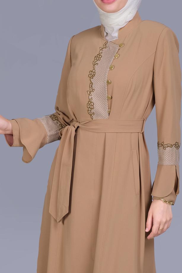 Hijab clothing BROWN ALVİNA EMBROIDERED BELTED TOPCOAT 10199 - TRENDTESETTÜR