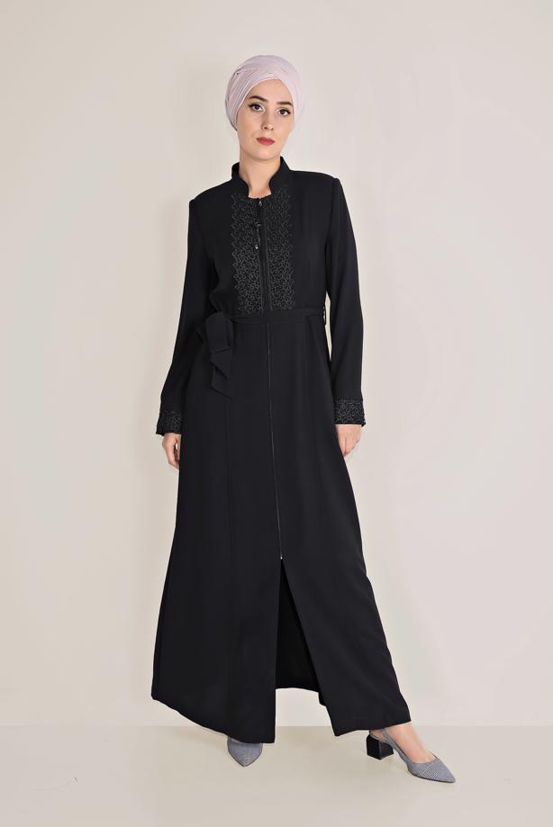 Hijab clothing BLACK ALVİNA EMBROIDERED BELTED TOPCOAT 10216  - TRENDTESETTÜR