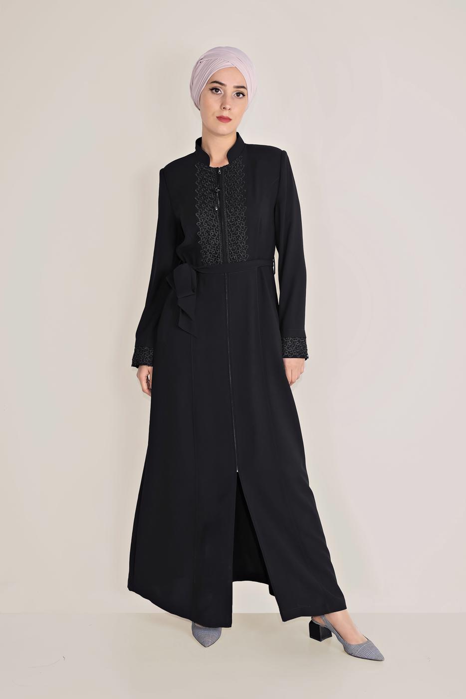 Hijab clothing BLACK ALVİNA EMBROIDERED BELTED TOPCOAT 10216 