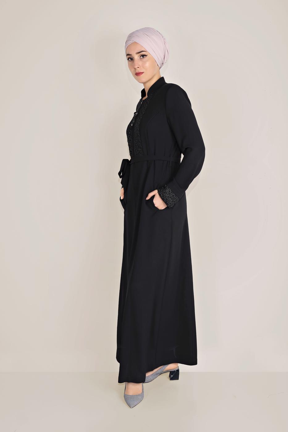 Hijab clothing BLACK ALVİNA EMBROIDERED BELTED TOPCOAT 10216 