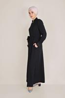 Hijab clothing BLACK ALVİNA EMBROIDERED BELTED TOPCOAT 10216 