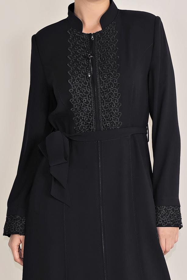 Hijab clothing BLACK ALVİNA EMBROIDERED BELTED TOPCOAT 10216  - TRENDTESETTÜR