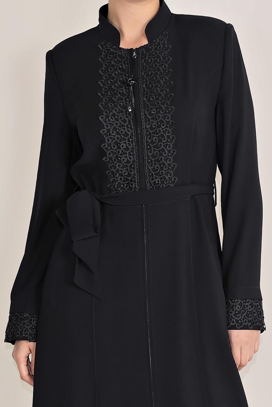 Hijab clothing BLACK ALVİNA EMBROIDERED BELTED TOPCOAT 10216 