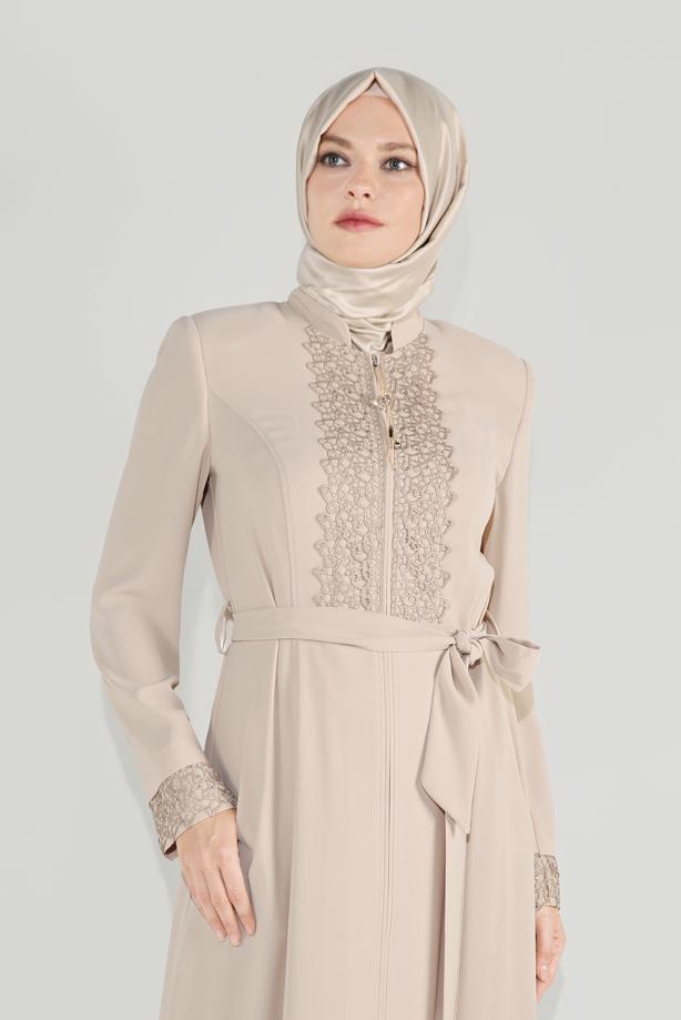 Hijab clothing BEIGE ALVİNA EMBROIDERED BELTED TOPCOAT 10216  - TRENDTESETTÜR
