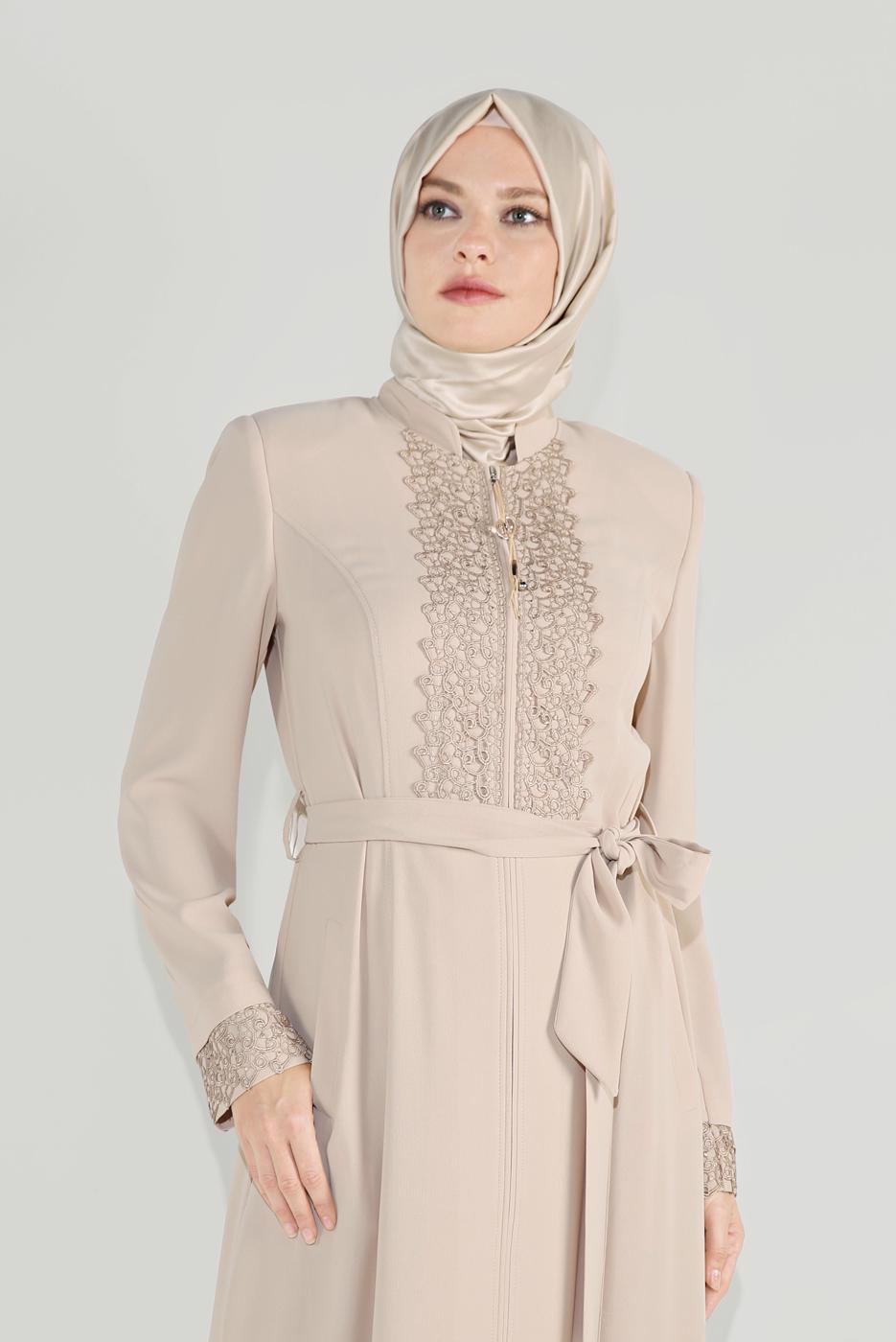 Vêtements hijab BEIGE ALVİNA BRODÉ CEINTURE PARDESSUS 10216