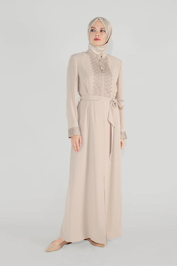 Hijab clothing BEIGE ALVİNA EMBROIDERED BELTED TOPCOAT 10216  - TRENDTESETTÜR