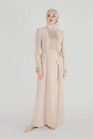 Hijab clothing BEIGE ALVİNA EMBROIDERED BELTED TOPCOAT 10216 