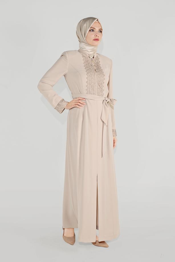Hijab clothing BEIGE ALVİNA EMBROIDERED BELTED TOPCOAT 10216  - TRENDTESETTÜR